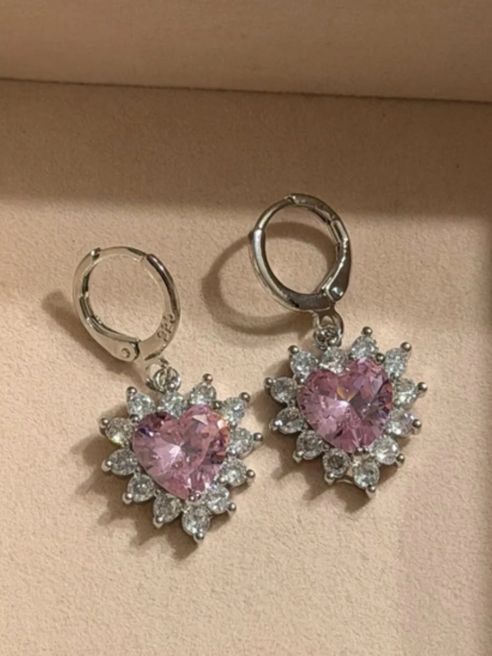 925 Silver Heart Pink Crystal Pendant Necklace and Earrings Set